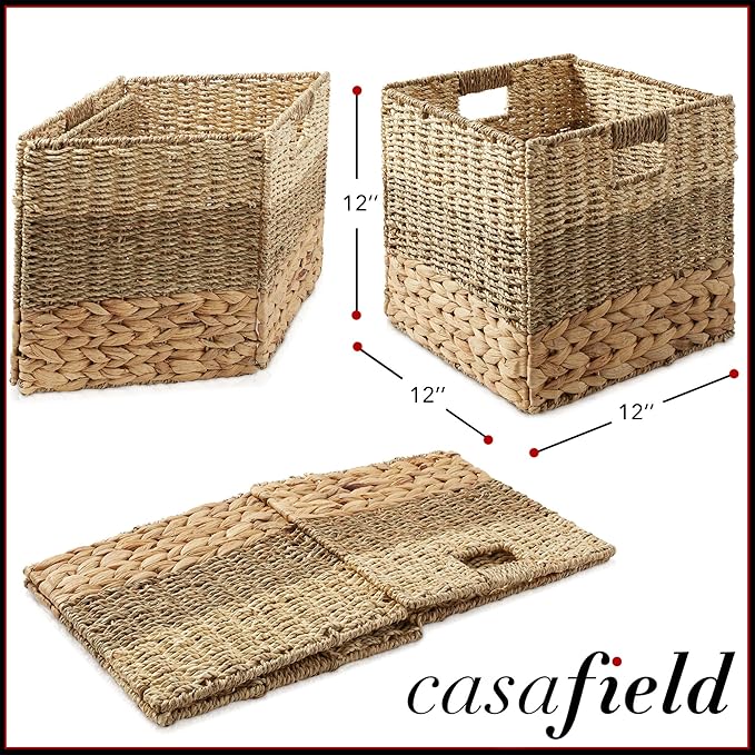 Casafield 12" x 12" Mixed Weave Storage Baskets, Natural - Set of 6 Woven Hyacinth Seagrass Wicker Storage Cube Bins for Bathroom, Bedroom, Laundry, Pantry, Shelves