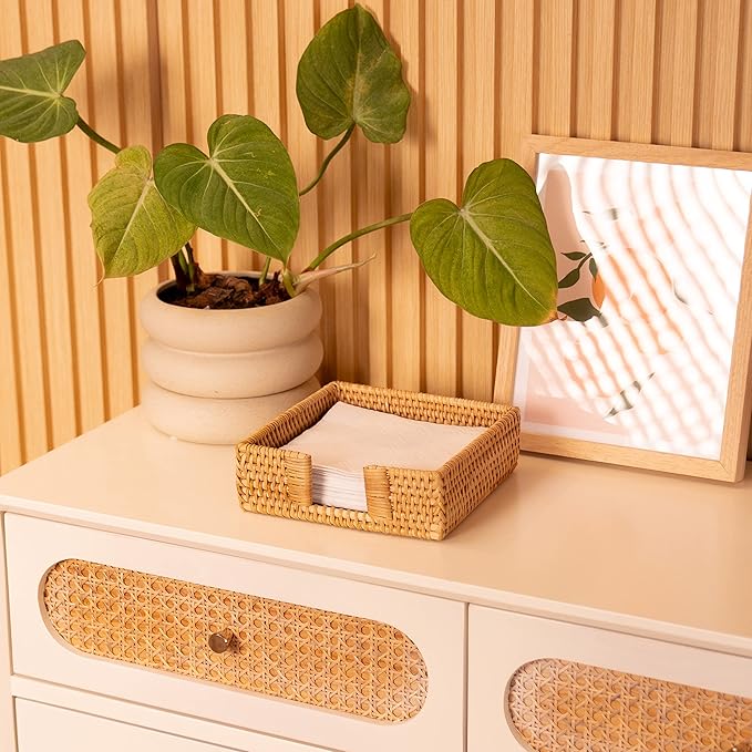 Rattan Napkin Holder Square, Napkin Holders for Paper Napkins, 7.5" x 7.5" x 2.5", Wicker Napkin Tray, Woven Guest Towel Holder for Restaurant/Kitchen/Bathroom Napkin Holder for Table