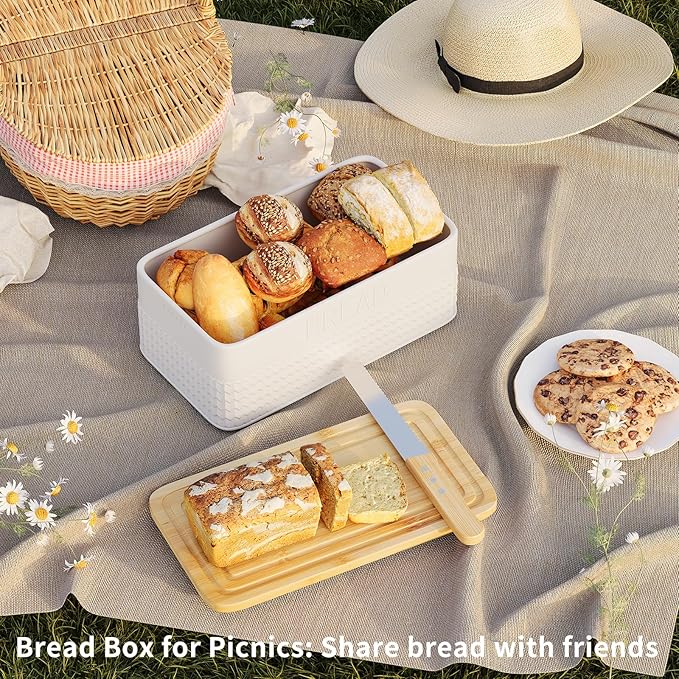 Furshus Bread Box for Kitchen Countertop,Metal Bread Storage Bin with Bamboo Cutting Board Lid, Includes Bread Knife, Fits Sourdough & Buns, Stylish Organize (White)