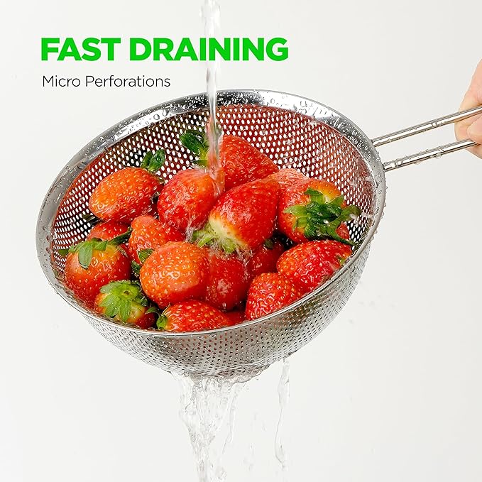 COMPORT K Premium 18/8 304 Stainless Steel Strainer Set of 3 with Long Handle, Micro-Perforated Colanders 1.5-2.5-4 Quart Set, Self-Draining Solid Base for Pasta, Fruits, Vegetables, Made in Korea