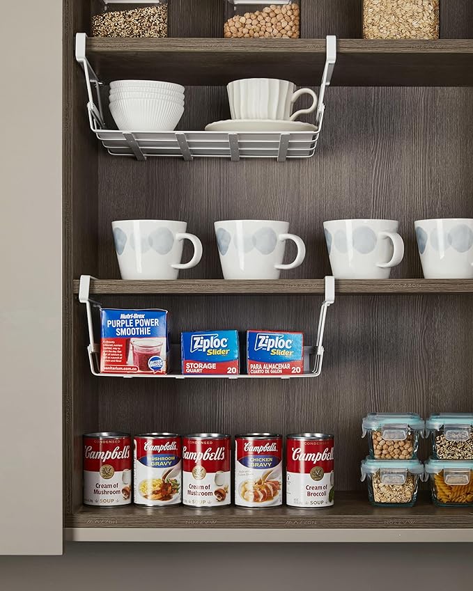 Under Shelf Basket, 2 Pack Under Cabinet Shelf Basket Organizer, Hanging Wire Storage Baskets, Slide-in, Add-on Space Saving for Kitchen Pantry Laundry Room Desk Bookshelf, White