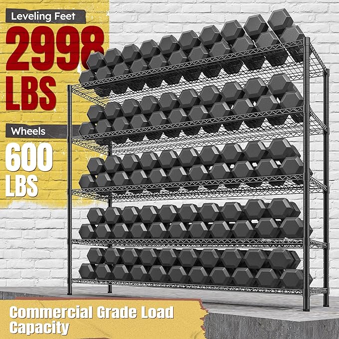 REIBII 85.7"H Garage Shelving 2998LBS Storage Shelves with Wheels&Feet,5 Tier Garage Shelves Heavy Duty Adjustable Wire Shelving for Basement Commercial Industrial Pantry, 85.7"H X 55.5"W X 24.2"D