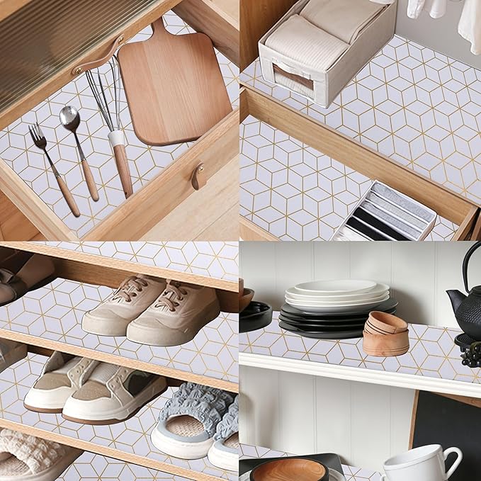 Cabinets Drawer Liner Non Slip 12 Inch Wide X 20 Ft Kitchen Shelf Liner Non Adhesive Waterproof Pantry Shelves Refrigerator Liner for Bathroom Closet Strong Grip Cupboard Mat Gold