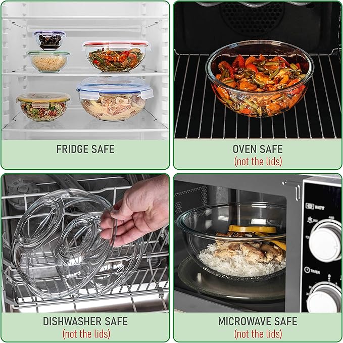 dokaworld Set of 5 Stackable Space-Saving Nesting Glass Bowls with BPA Free Lids for Foodprep, Storage, Baking, Mixing & Cooking, Microwave Safe - Durable Inert Borosilicate Glass