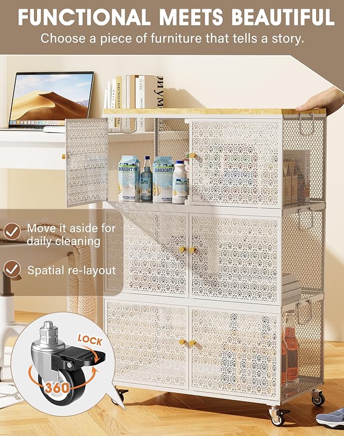 3 Tier Metal Storage Cabinet with wheels, Storage Bins with Magnetic Doors, Storage Cart for Living Room, Bedroom, Bathroom, Laundry, Kitchen