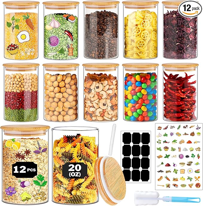 Glass Jars with Bamboo Lids 20 oz, 12 Pcs Stackable Kitchen Glass Pantry Storage Containers with Airtight Bamboo Lids for Rice, Candy, Sugar, Flour, Nuts, Cookie, Bean