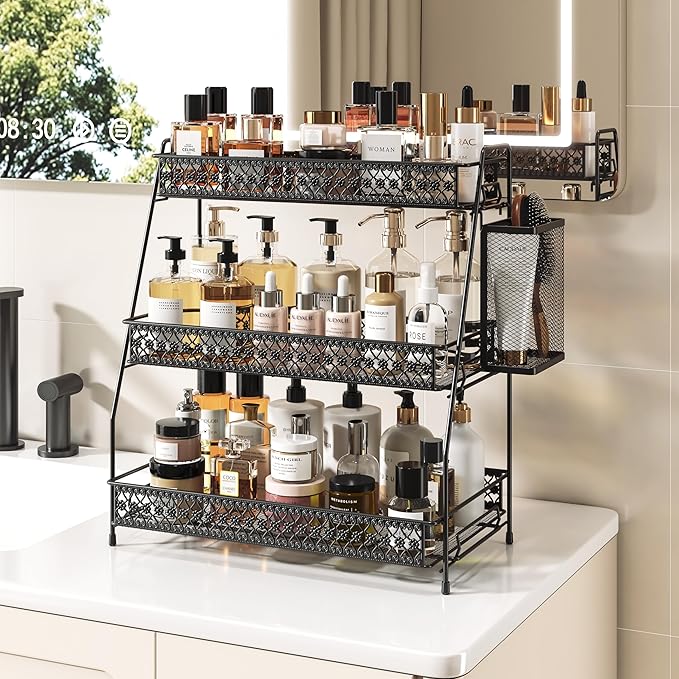 SILUB Vintage 3 Tier Spice Rack Organizer for Kitchen Counter, Bathroom Counter Organizer with Bonus Basket, 3 Tier Bathroom Counter Organizer for Spices Makeup Perfumes, Retro Countertop Organizer