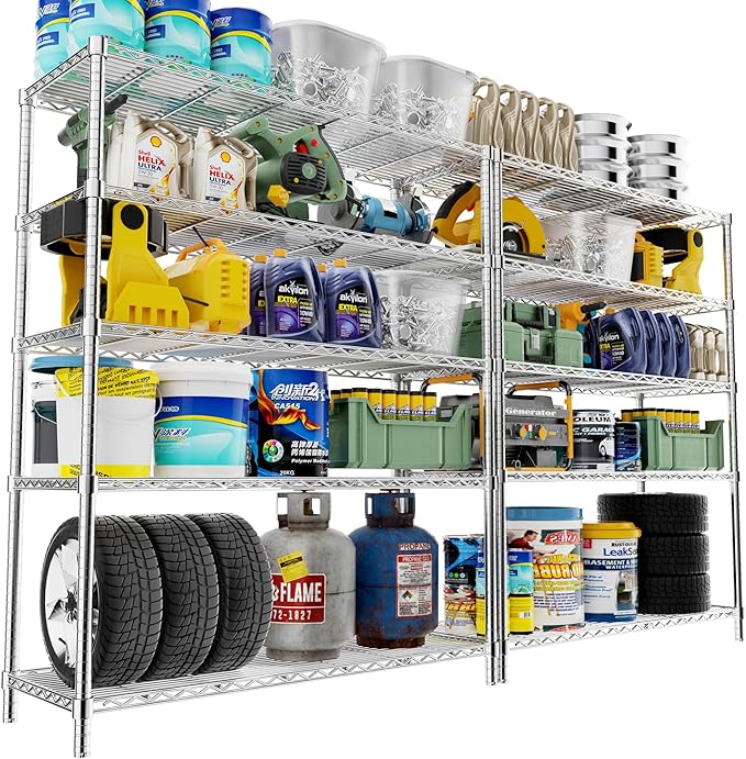 Storage Shelves Heavy Duty, 2 PCS 48" L x 20" W x 72" H Garage Wire Shelving Unit Loads 2000LBS, 5-Tier Adjustable Metal Industrial Utility Shelf Rack for Kitchen, Laundry Room, Warehouse, Basement