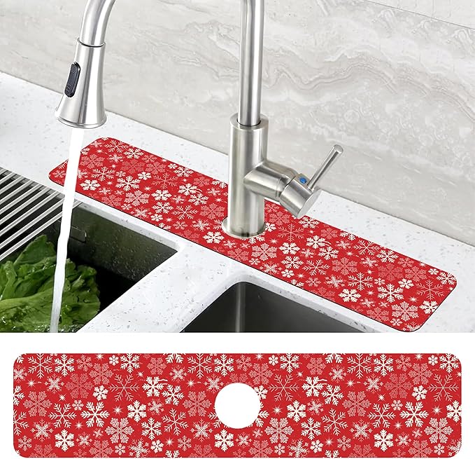 Christmas Snowflake Kitchen Sink Splash Guard Mat Absorbent Fast Drying Mat Faucet Draining Mat Sink Splash Guard Behind Faucet Drip Catcher for Kitchen Bathroom 5.5"×24"