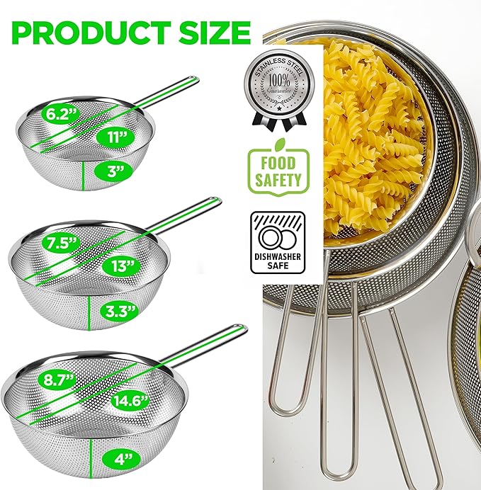 COMPORT K Premium 18/8 304 Stainless Steel Strainer Set of 3 with Long Handle, Micro-Perforated Colanders 1.5-2.5-4 Quart Set, Self-Draining Solid Base for Pasta, Fruits, Vegetables, Made in Korea