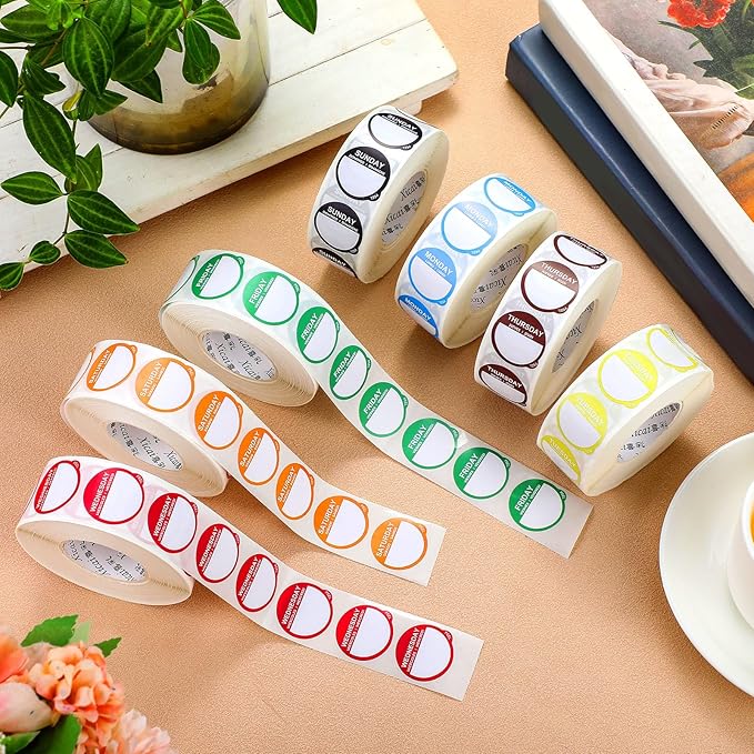 7000 Pcs Day of The Week Labels Food Labels Monday Through Sunday Management Inventory Stickers Removable Weekly Self Adhesive Date Dot Stickers for Restaurant Kitchen Containers Dispenser