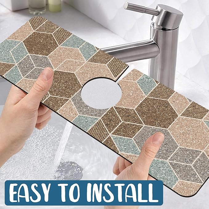 Geometry Blocks Sink Splash Guard Glitter Geometry Faucet Absorbing Mat Fast Drying Mat Sink Gadgets Splash Guard Behind Faucet Drip Catcher for Kitchen Bathroom, 15.5"x5.5"