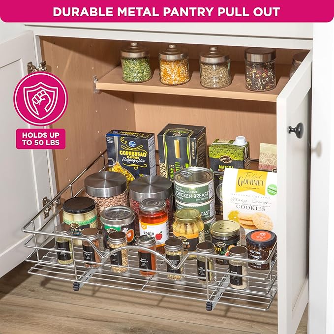 HOLDN’ STORAGE Heavy-Duty Premium Collection Pull Out Cabinet Organizer, Cabinet Drawer Slide Outs, Lifetime Limited Warranty - Basket Size 28" W x 21" D x 5" H, Anti-Rust Chrome Finish