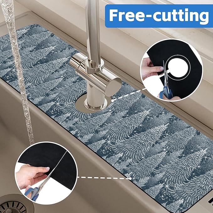 Christmas Forest Sink Faucet Absorbing Mat Pine Spruce Sink Splash Guard Faucet Mat Draining Mat Fast Drying Sink Protectors for Kitchen and Bathroom 5.5"×24"