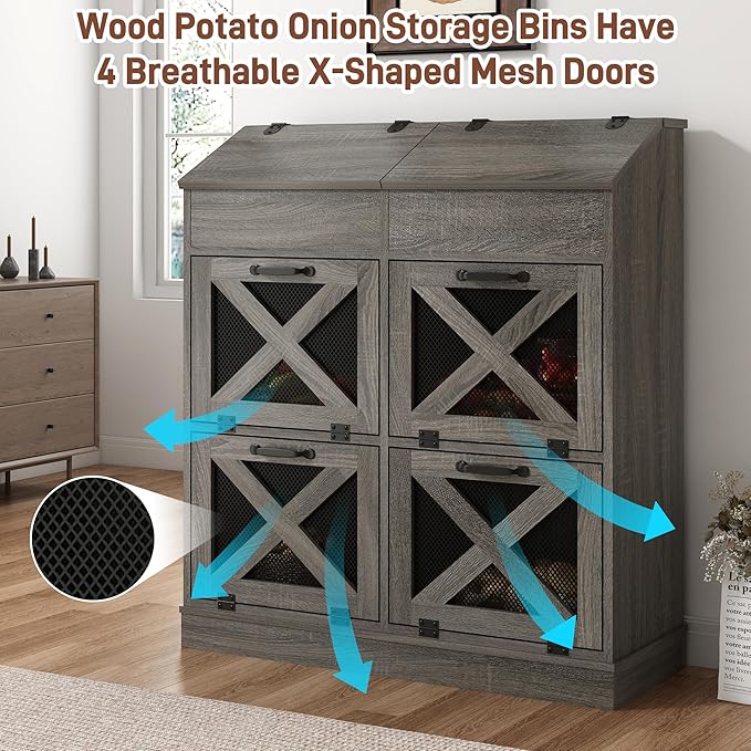 Large Wood Bread Box for Potato,Onion.Veggie Bin W/6 Large Storage Box.Root Vegetable Storage Box For Kitchen,Farmhouse Potato Storage Bin W/4 Mesh Doors,Bread Keeper for Toast,Bagel,Donut,Cookies