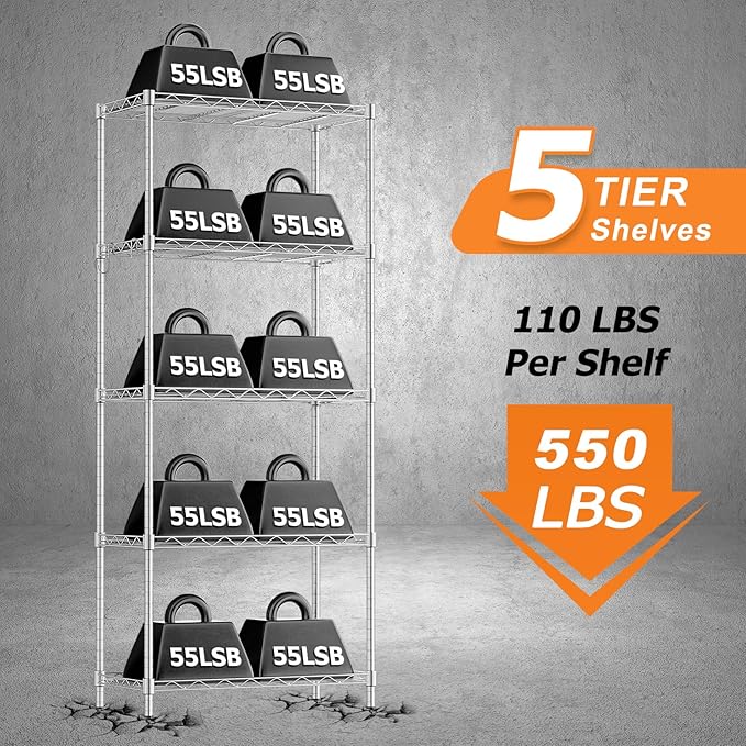 Storage Shelves,21.3" W x 11.8" D x 58.5" H Wire Shelving Unit Loads 550LBS,5-tier Adjustable Metal Utility Shelf,Garage Shelves with Liner and Hooks,Home Storage Rack for Kitchen,Laundry,Pantry