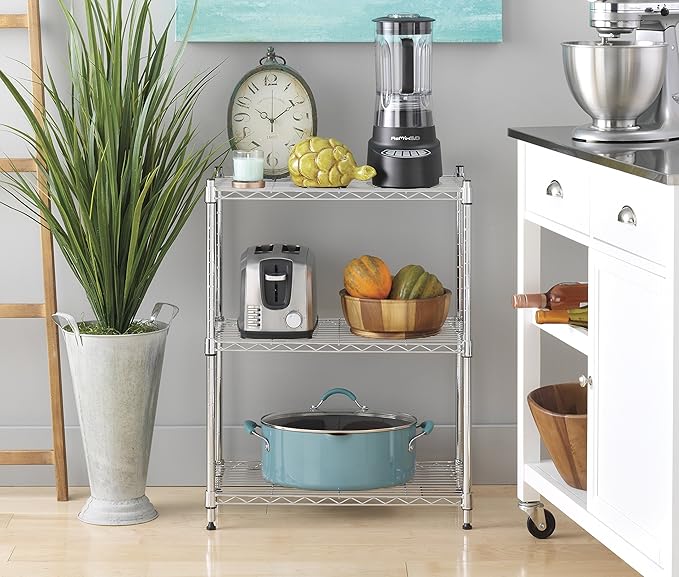 Whitmor 3 Tier Shelving Unit, Metal Storage Shelves, 400 lbs Capacity per Shelf, 1200 lbs Total, Adjustable Heavy Duty Shelf for Kitchen, Garage, Plant, 23" L x 13" W x 30" H, Chrome
