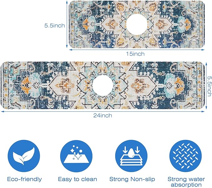 Oriental Blue Turkish Carpet Pattern Sink Faucet Absorbing Mat Sink Splash Guard Faucet Mat Draining Mat Fast Drying Sink Protectors for Kitchen and Bathroom 5.5"×15"