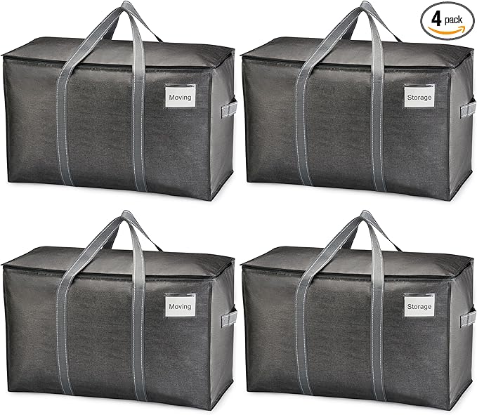 VENO 4 Pack Moving Bags and Large Christmas Storage Bins with lids. Alternative to Moving Boxes, Packing Supplies for College. Extra Large Heavy Duty Totes for Packaging (Dark Gray, 4 Pack)