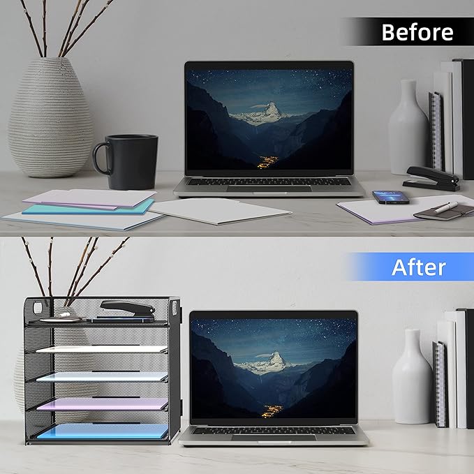 Supeasy 5 Trays Paper Organizer Letter Tray with Handle-Mesh Desk File Organizer, Paper Sorter Desk Organizer for Office, Home or School