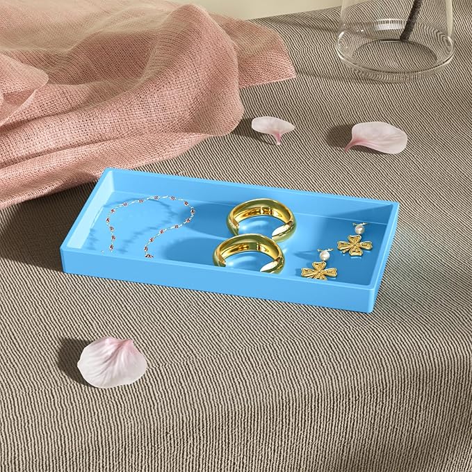 Mriluvy Vanity and Bathroom Tray, 7.7" ABS Countertop Organizer,Waterproof Vanity Tray for Toilet Tank,Perfume,Soap,Keys,Bathroom Accessories,Kitchen and Bath Trays,Non Slip Small Trays,Blue