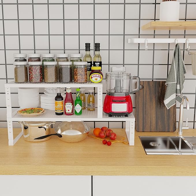Jojocross Expandable Adjustable Stackable Kitchen Organizer, Spice Rack,Metal Pantry Storage Shelves Racks,Counter Shelf for Cabinets, Countertop, Cupboard(3 Packs/Large/White)