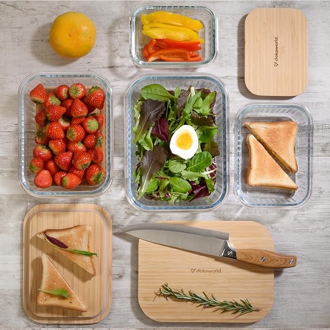 dokaworld Ribbed Glass Tupperware Set with Bamboo Lids - 4 Stackable Meal Prep Containers. Durable heat resistant Inert Borosilicate Glass