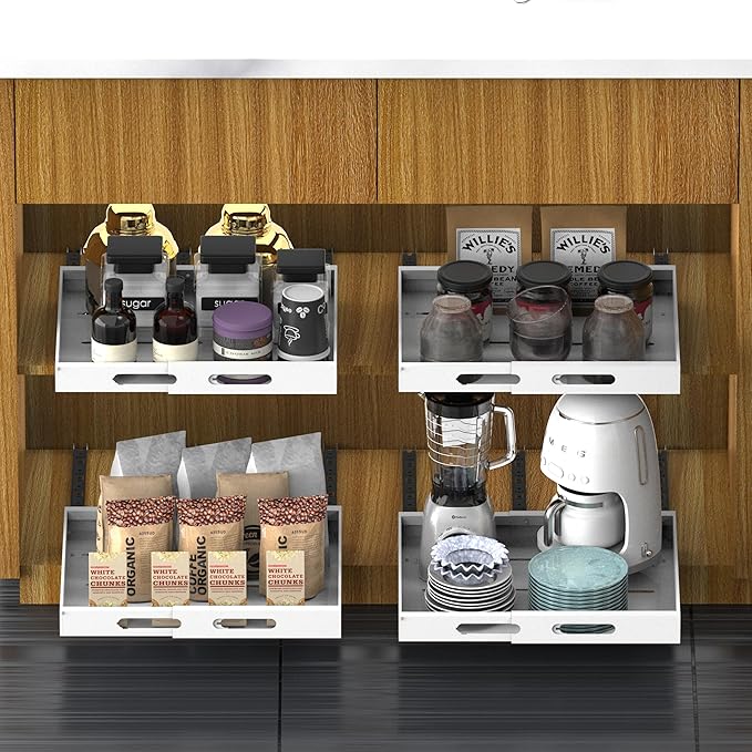 Expandable Pull Out Cabinet Organizer 17" Deep, Adhesive Pull Out Drawers For Cabinets 13.4"W - 19.7"W，No Drill Pull Out Cabinet Organizer Expandable, Expandablet Drawer For Kitchen, Pantry, Bathroom