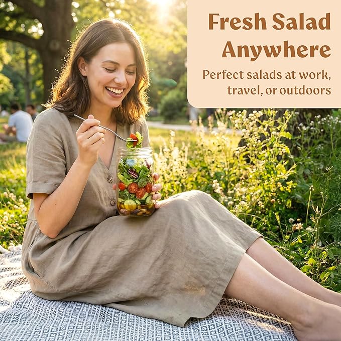 4 Pack Glass Salad Jars with Lids for Meal Prep, Leakproof Container with Two Small Built in Cups for Wet/Dry Separation for Salad Dressing and Ingredients, 32oz Mason Jars (Brown/Beige)