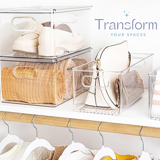 Plastic Food Storage 6 Pack Clear Container Bin with Handles for Organizing Kitchen, Pantry, Refrigerator, Freezer, Pantry, Cabinet, Closet, Bathroom. 16”x6”x5”