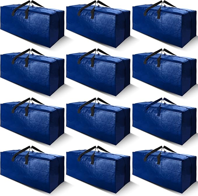 Cosy Family 12 Pack Heavy Duty Moving Bags with Backpack Straps - Strong Handles & Zippers, Storage Totes For Space Saving, Fold Flat, Alternative to Moving Box (X-Large-Set of 12, Blue)