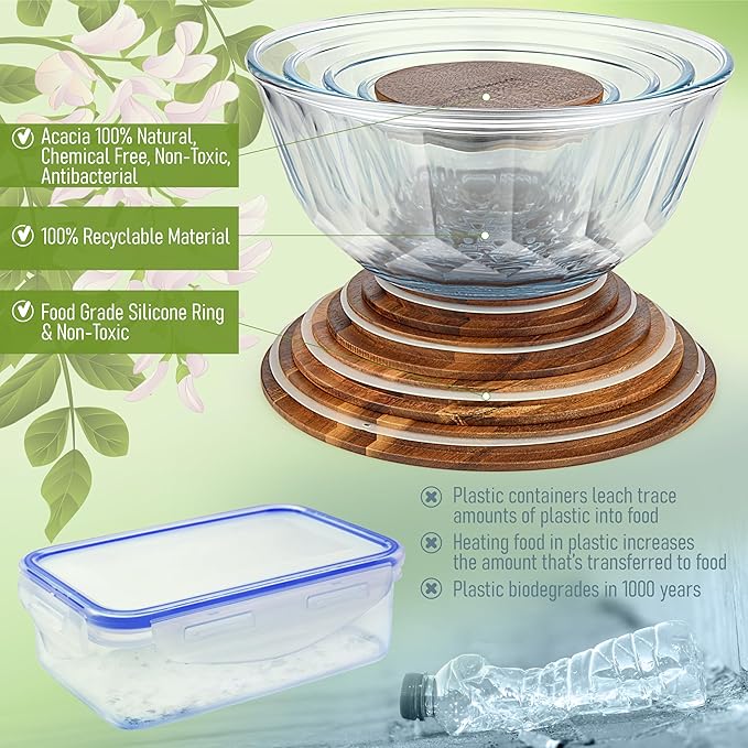 dokaworld Large Stackable Set of 5 Nesting Glass Bowls with Acacia Lids for Foodprep, Storage, Baking, Sourdough Mixing & Cooking. Microwave & Oven Safe Heat Resistant Inert Borosilicate Glass