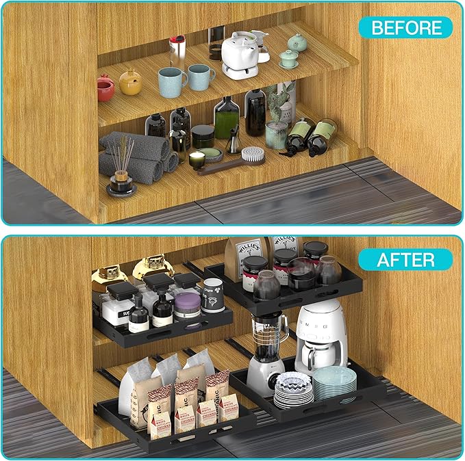 Expandable Pull Out Cabinet Organizer - 17" Deep, Adhesive No Drill, Expandable Drawer For Kitchen, Pantry, Bathroom