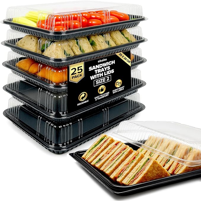 25 Pack Catering Trays with Lids – 15" Serving Tray with Lid, Heavy Duty Recyclable Plastic Party Platters for Catering, Buffet, Picnics & Events – Food Tray with Clear Lid (15.35 × 11.42 × 2.95 inch)