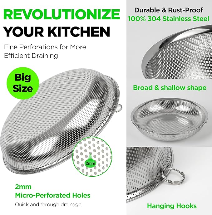 COMPORT K Premium 18/8 304 Stainless Steel Large Colander Set of 3, Comfortable Micro-Perforated Shallow Strainers, 5.5-7-10 Quart Tray Set, Self-Draining Solid Base for Pasta, Fruits, Vegetables