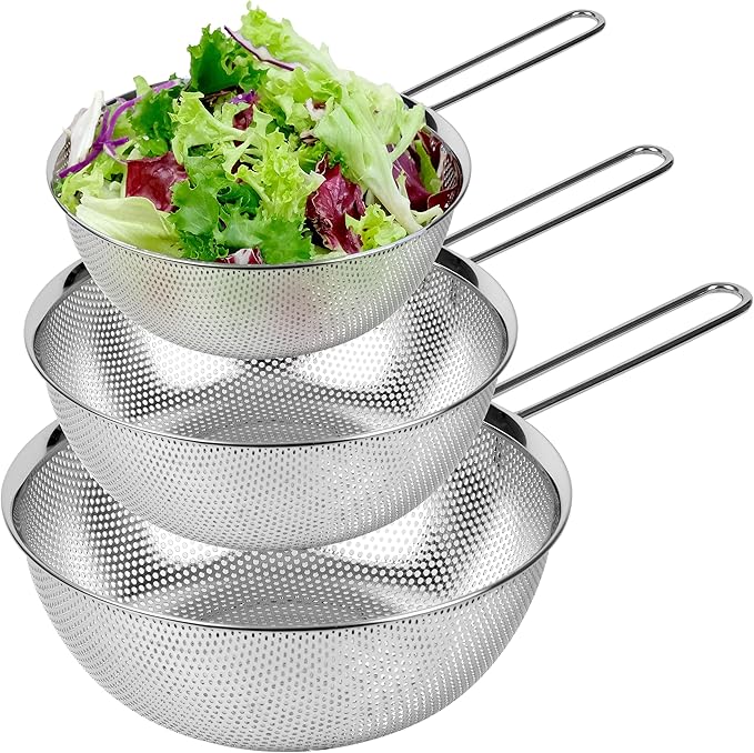 COMPORT K Premium 18/8 304 Stainless Steel Strainer Set of 3 with Long Handle, Micro-Perforated Colanders 1.5-2.5-4 Quart Set, Self-Draining Solid Base for Pasta, Fruits, Vegetables, Made in Korea