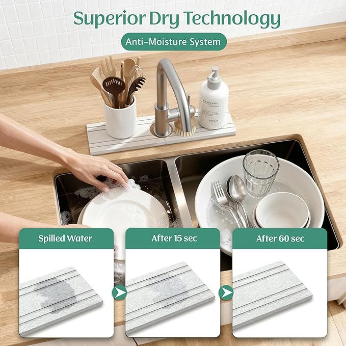 Stone Faucet Mat for Kitchen Sink Splash Guard 15.7" x 3.9" with 2.5" Center Hole | White Diatomite Drying Stone Mat | Non-Slip Stone Tray for Kitchen Counter with Premium Texture & Minimalist Style