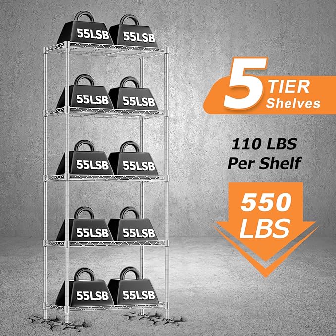 Storage Shelves,21.3"W*11.8"D*58.5"H Kitchen Wire Shelving Unit Loads 550LBS,5-tier Adjustable Metal Utility Shelf,Garage Shelves,Home Storage Rack for Kitchen,Laundry,Pantry and Closet,Chrome