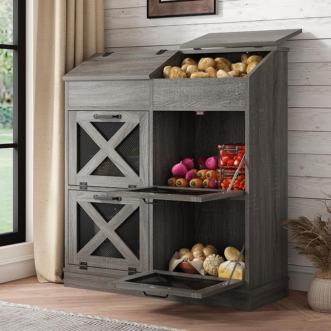 Large Wood Bread Box for Potato,Onion.Veggie Bin W/6 Large Storage Box.Root Vegetable Storage Box For Kitchen,Farmhouse Potato Storage Bin W/4 Mesh Doors,Bread Keeper for Toast,Bagel,Donut,Cookies