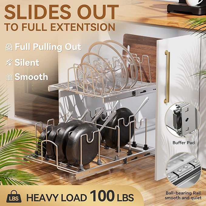 2-Tier Kitchen Pull out Cabinet Organizer for Pots, Pans, and Lid Cookware, Adjustable Heavy Duty Wire Pan and Pot Rack, Full-Extension Rail 15" W *22" D