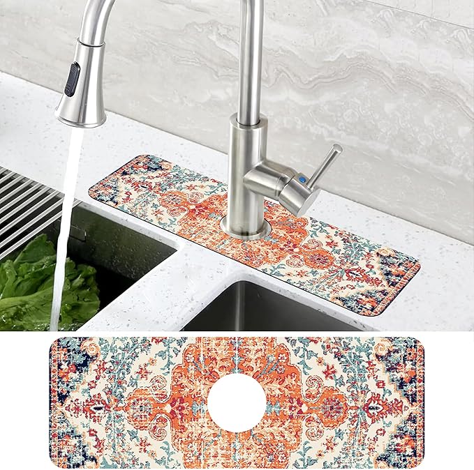 Oriental Turkish Carpet Pattern Red Dish Drying Mat for Kitchen Sink Splash Guard Behind Faucet Sink Mat Absorbent Fast Drying Faucet Draining Mat for Bathroom Kitchen 5.5"×15"