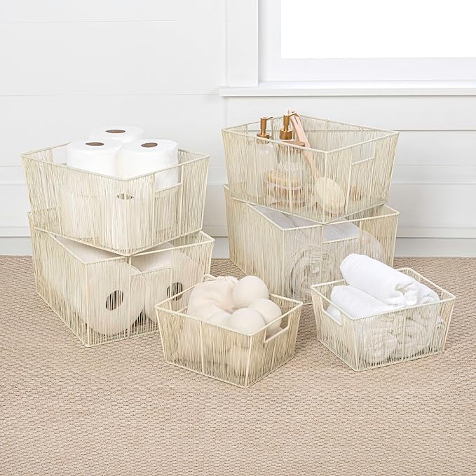 happimess BSK3000C-6SET Sutton Modern Glam Nesting Wire Metal Storage Baskets, for Shelves, Cabinets, Pantry, Countertop, Mesh Open Bin Basket for Organizing Supplies, Almond (Set of 6)