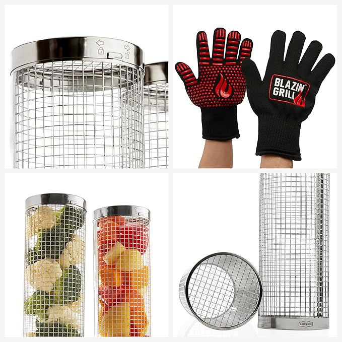 Blazin' Grill Rolling Grill Basket | Rolling Grilling Baskets for Outdoor Grilling 2 Pcs | Barbecue Grill Set with BBQ Gloves | Portable Camping Net Rack Perfect for Vegetables, Seafood & Meat