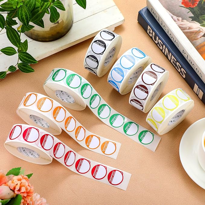 7000 Pcs Day of The Week Labels Food Labels Monday Through Sunday Management Inventory Stickers Removable Weekly Self Adhesive Date Dot Stickers for Restaurant Kitchen Containers Dispenser