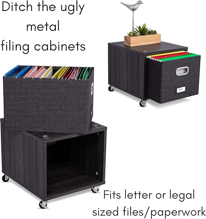 BIRDROCK HOME Rolling File Cabinet – Decorative Storage Shelf w/Removable Bins, Handles, and Wheels – Organize Files, Books, Toys, Under Desk Office Solution, Modern Design - 1 Lateral Drawer, Gray