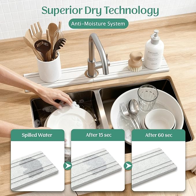 Stone Faucet Mat for Kitchen Sink Splash Guard 23.6" x 3.9" with 2.5" Center Hole | White Diatomite Drying Stone Mat | Non-Slip Stone Tray for Kitchen Counter with Premium Texture & Minimalist Style
