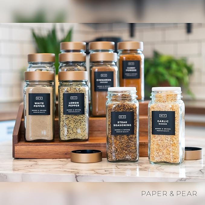 Modern Block-Black Spice Labels (no Jars) by Paper & Pear - Oil Resistant Kitchen Pantry Labels - 1.25” Square Spice Labels Stickers - Durable Spice Jar Labels Preprinted Waterproof - Set of 80