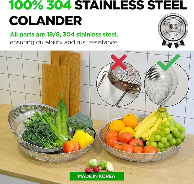 COMPORT K Premium 18/8 304 Stainless Steel Large Colander Set of 3, Comfortable Micro-Perforated Shallow Strainers, 5.5-7-10 Quart Tray Set, Self-Draining Solid Base for Pasta, Fruits, Vegetables
