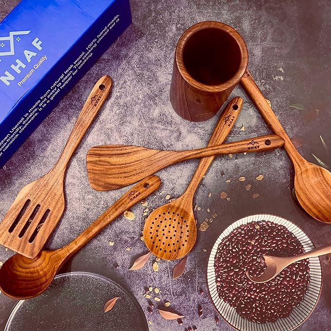 NHAF Premium Teak Healthy Spoons, Durable Eco-friendly Spatula, Wooden Utensils Set with Holder & Canvas Bag, Wooden Cooking Gifts for Mom