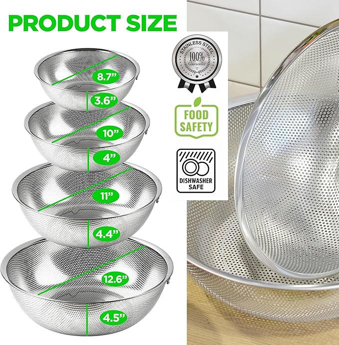 COMPORT K Premium 18/8 304 Stainless Steel Micro-Perforated Small and Big Colander Set of 4 with rings - 3.5-5.5-7.5-9.5 Quart Set, Self-Draining Solid Base for Pasta, Fruits, Vegetables